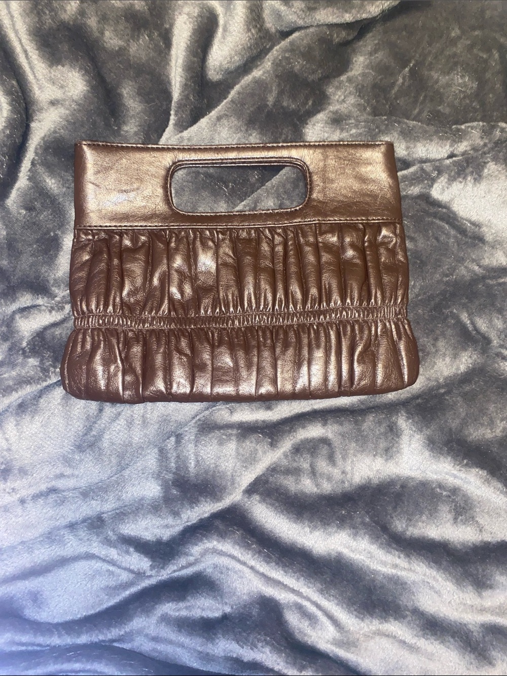 Vintage Express Design Studio Brown Ruched Faux Leather Clutch w/Cutout Handle